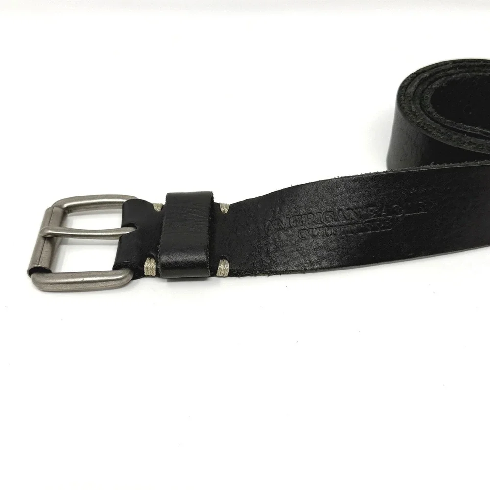 American Eagle Belt Mens 37 Black Leather Buckle VTG Rugged Eagle‎ Logo Y2K
